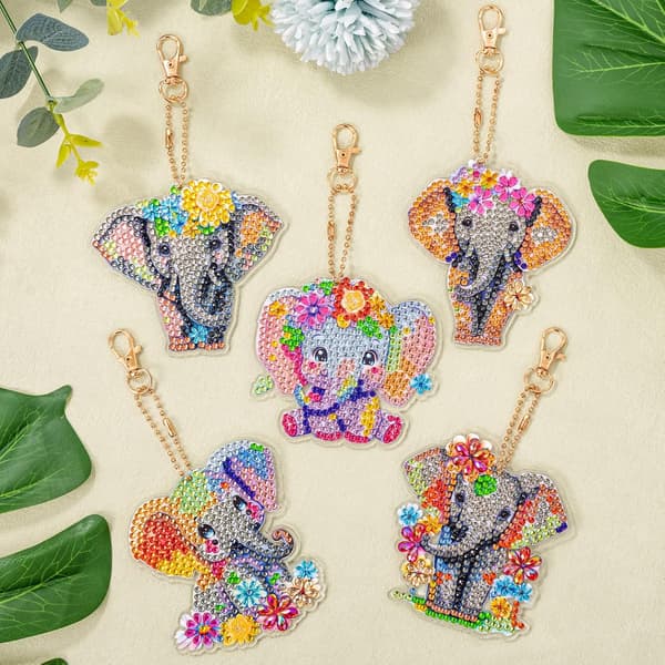5 Stykker Nøkkelring Diamantmaleri Elefant DIY 5D Diamant Ar DXGHC