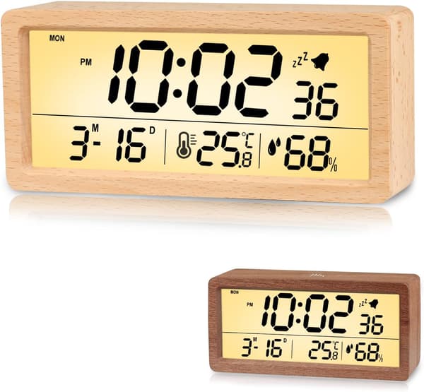 Trä Digital Väckarklocka, LED Väckarklocka Tyst Digital C