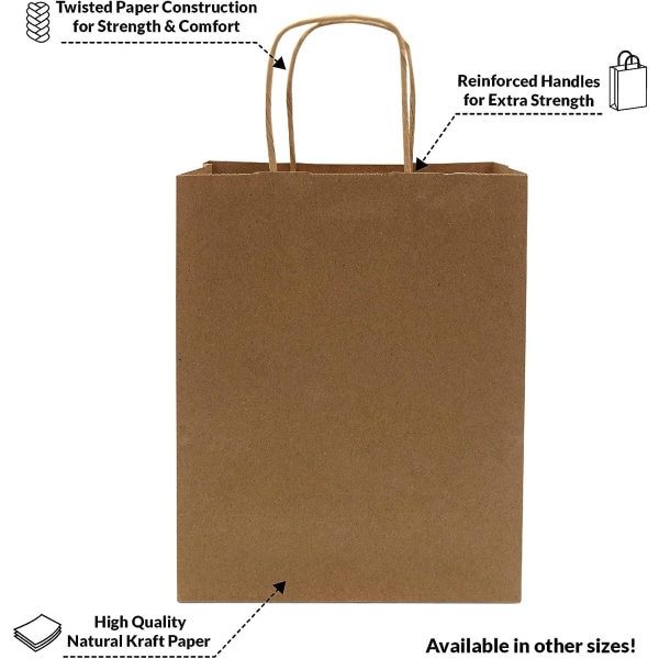 Bruna papperspåsar med handtag – 8x4x10 tum 50 st. Paper Shop