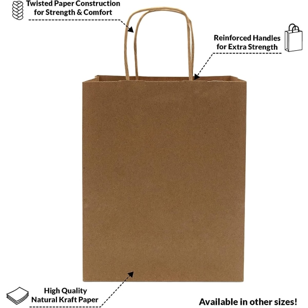 Brune Papirposer med Håndtag – 8x4x10 tommer 50 stk. Papir Indkøbsposer