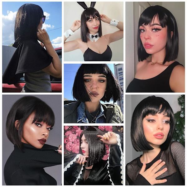 Svart Bob-Parukk med Pannelugg, Kort Svart Parukk for Kvinner Rett Bob-Parukker Varmebestandig Syntetisk Parukk Mia Wallace Cleopatra Cosplay Daglig Festbruk 12”