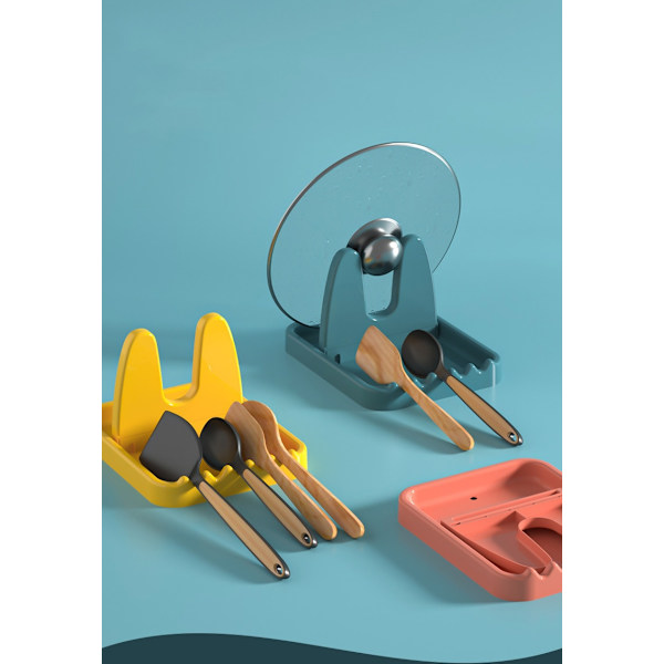 2-delad hopfällbart kastrulllockställ, plastskedställ, köksgaffel