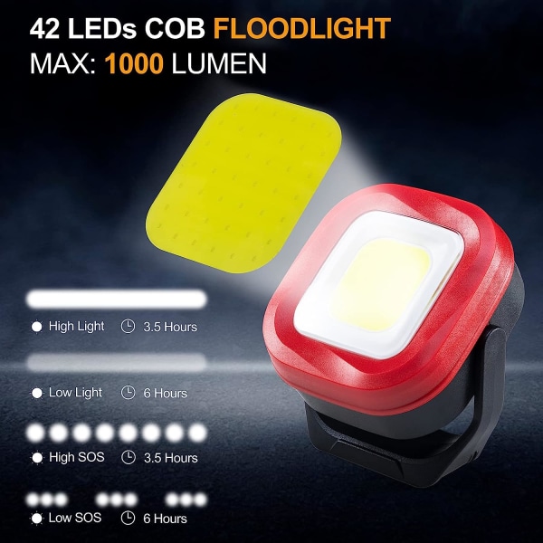 COB LED arbetsljus, 42 lysdioder 1000 Lumen uppladdningsbara arbetsljus