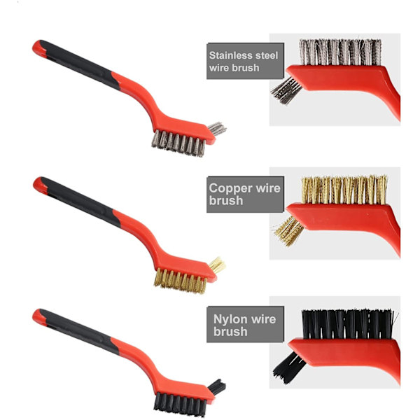 Sett med 3 wirebørster med buet håndtak, messing/nylon/rustfritt stål