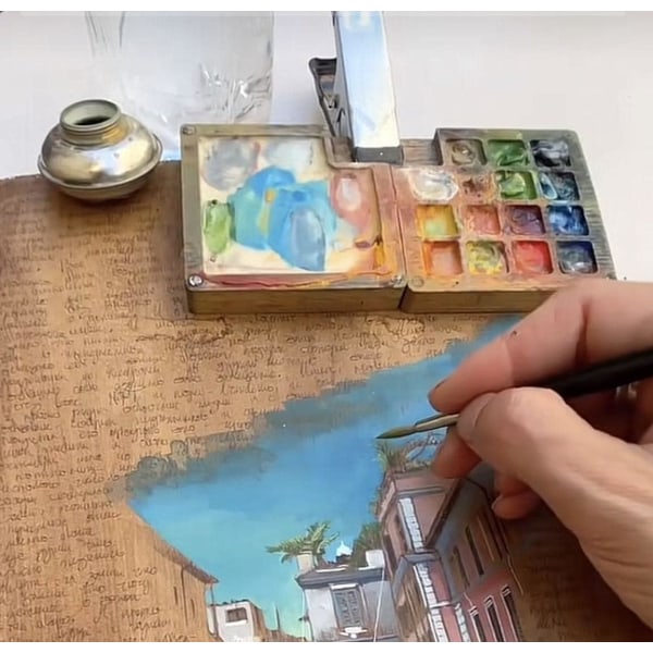 Mini träportabel resefärgpalett för akvarellmålning