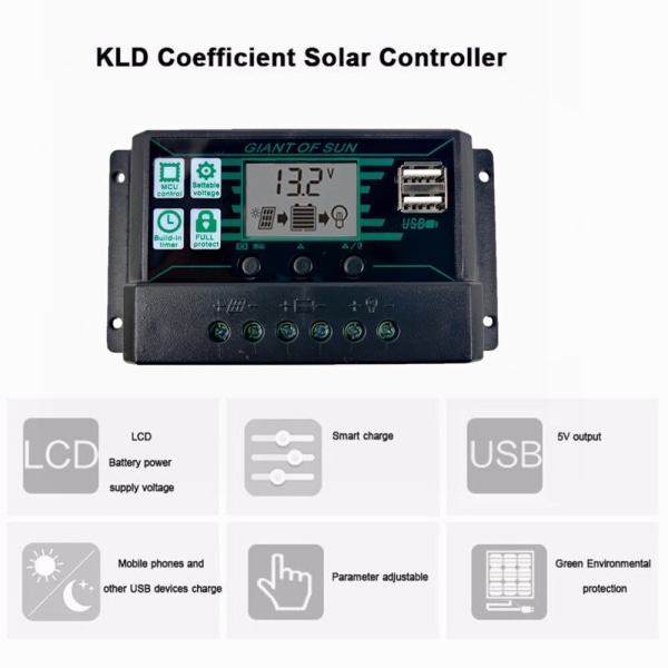 10A MPPT PWM Solcelleladningsregulator 12V 24V LCD Display 2 USB
