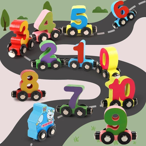 12-osainen puinen junarata, jossa on magneettiset numerot, sisältää 1 veturin, taaperoille pojille ja tytöille, yhteensopiva