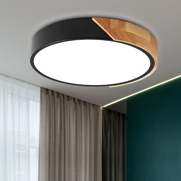 LED Trätaklampa, 24W Modern Rund Trä LED Taklampa