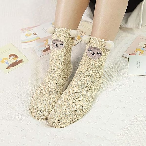 5 Par Damsockor Fuzzy Cozy Mjuka Fluffiga Söta Katt Djur Vinter