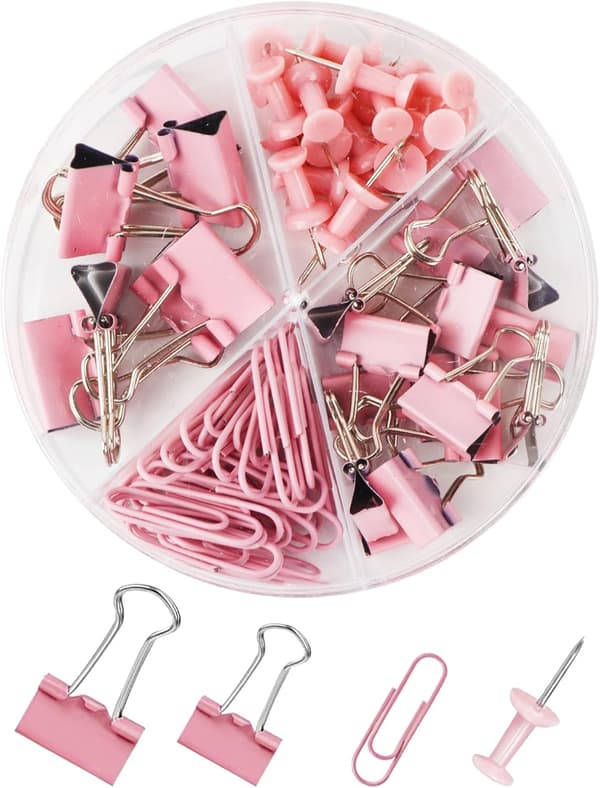 Rosa sortert permer, papir-klips, push-pinner sett, slitesterk