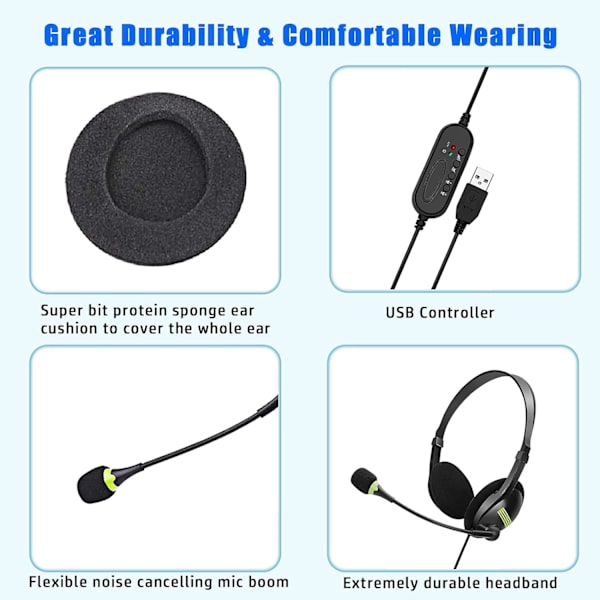 PC-headset med mikrofon, stereo brusreducerande USB-headset för dator