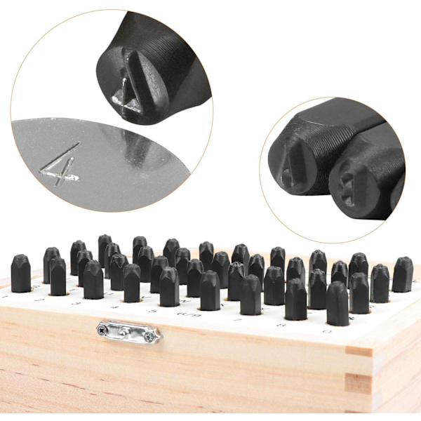 36 kappaleen metalli- ja nahkaleimat, 3 mm, aakkoskirjaimet ja numerot