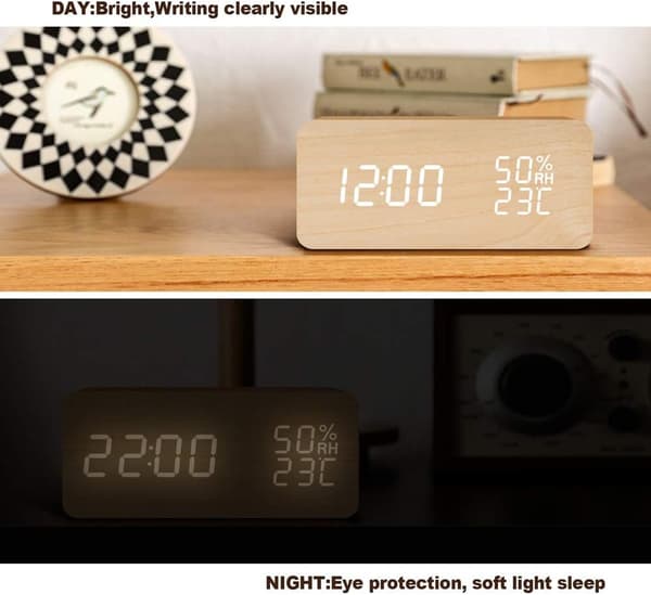 LED Digital Väckarklocka Luftfuktighet Datum Temperatur Trälook Dekor