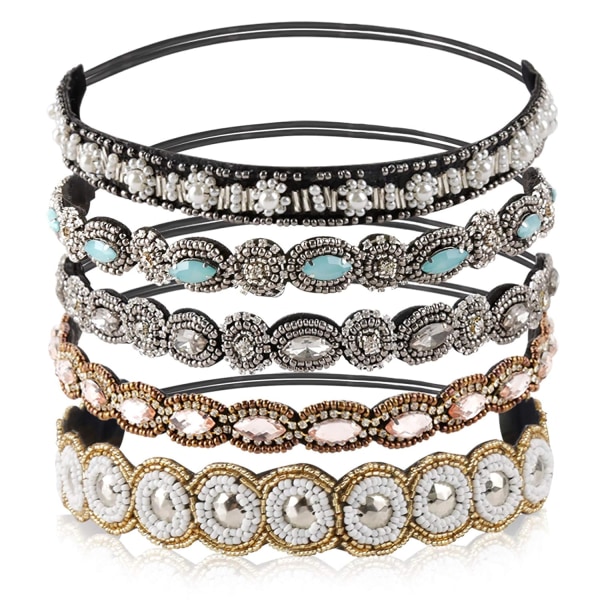 Rhinestone-besatt elastisk pannebånd, håndlaget krystallperle
