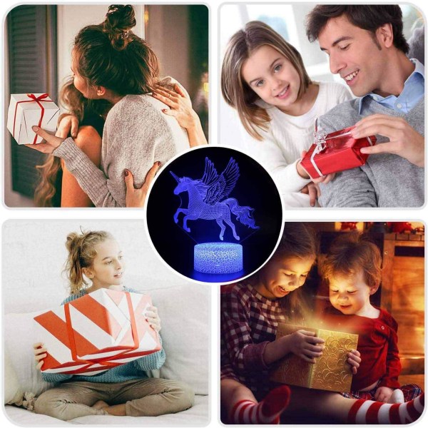 3D Unicorn Night Light för barn, flickor USB LED-lampa Illusion nära