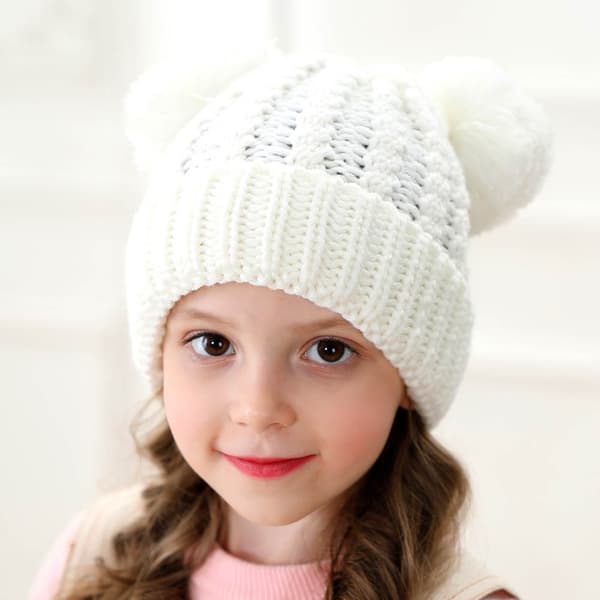 Stickade Bebisflickors Hattar, Bebisbeanie Vinterhatt, Söt Bebis Pom Pom DXGHC
