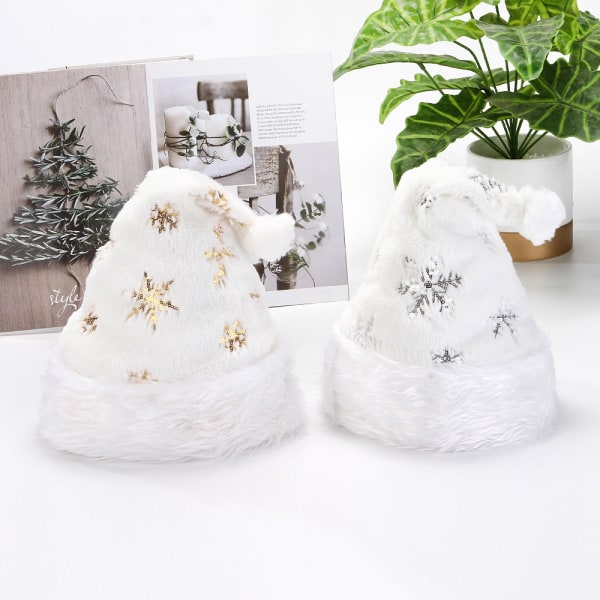 2 White Plush Christmas Hats Beaded Snowflake Gold and Silver Emb