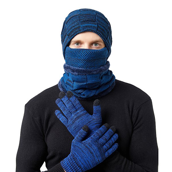 Varmt 4-delt sett med lue, skjerf, maske og hansker for menn og kvinner (blå)