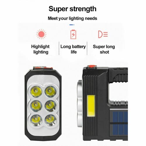Sterk lommelykt med solcellelading og USB-lading, superlys