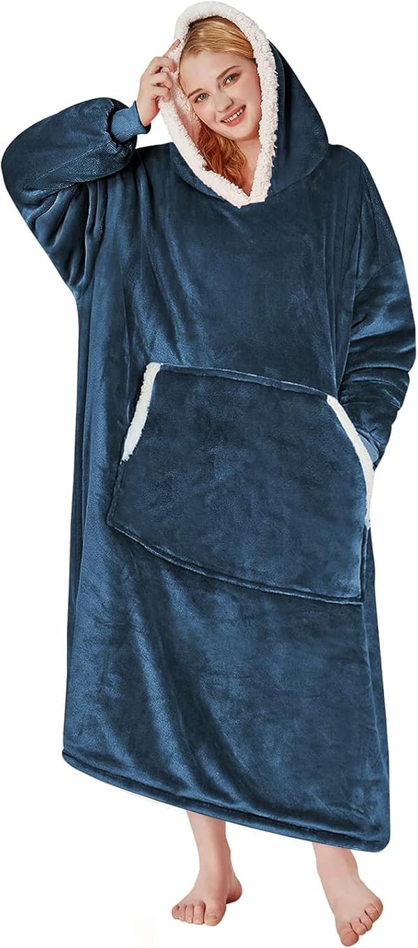 Oversized Hettegenser med Pledd, One Size Fits All (Marineblå)