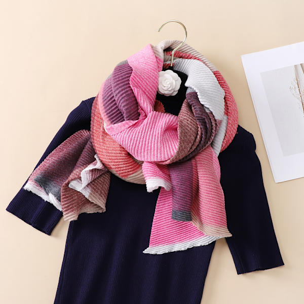 Rosa polyesterbomulls-scarf med flerfärgad linje-rutig design för kvinnor, varm och elegant