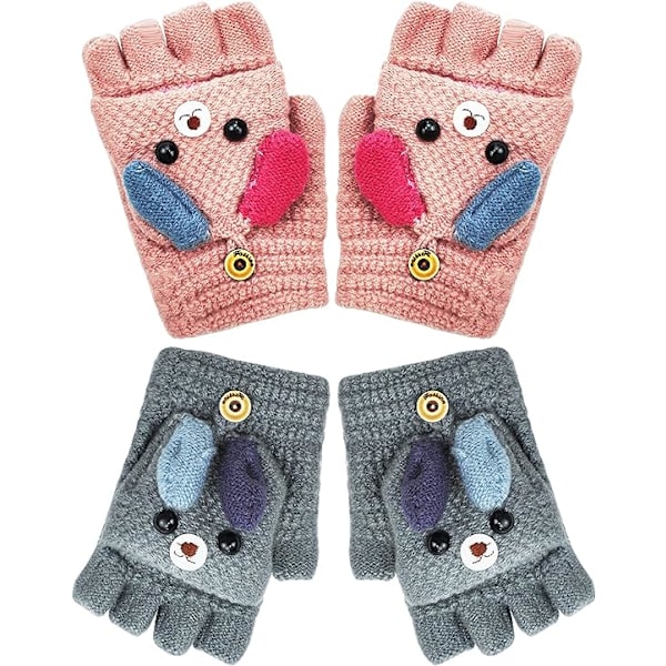 2 Par Barn Fingerlösa Vändbara Vantar Unisex Söta Cartoon Katt Halv