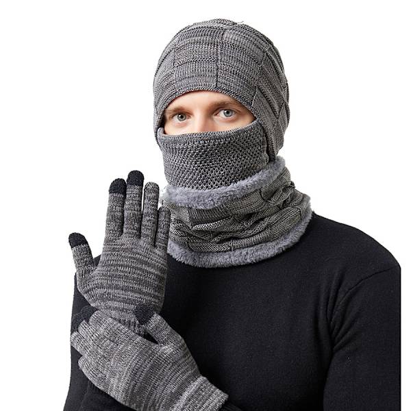 Varmt 4-delt sett med lue, skjerf, maske og hansker for menn og kvinner (grå)
