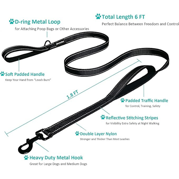 Heavy Duty Hundeleie - 2 Håndtak med Polstret Trafikkhåndtak for Ekstra