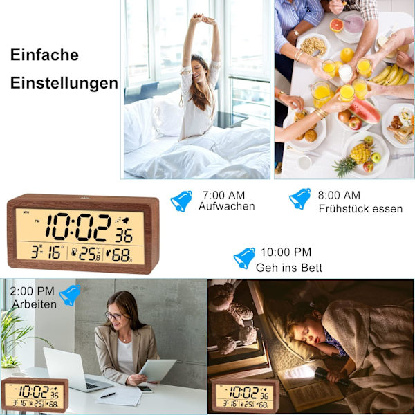 Trä Digital Väckarklocka, LED Väckarklocka Tyst Digital C