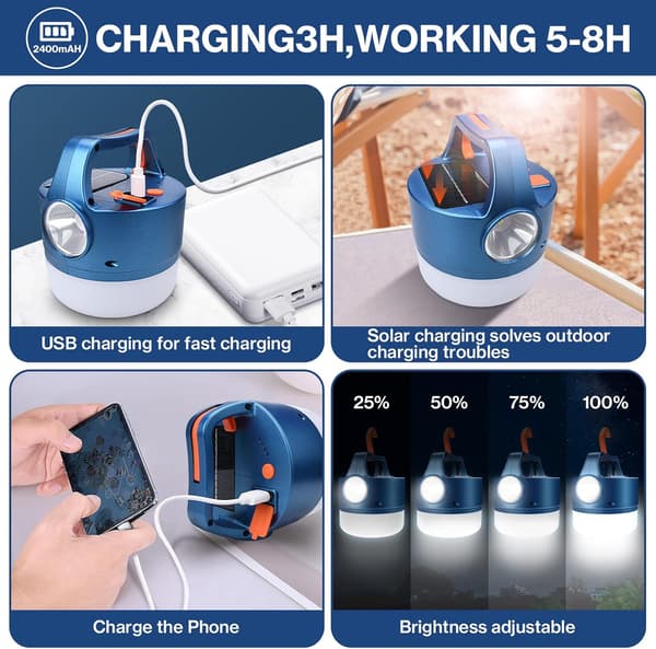USB eller solcelledrevet LED-lanterne Campinglys 2400mAh 5 tilstande