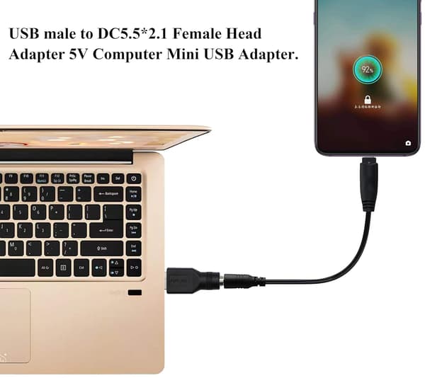 USB2.0 A uros-DC 5.5x2.1mm DC-liitäntä latausliitäntä