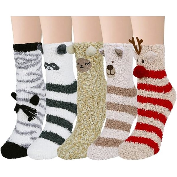 5 Par Damsockor Fuzzy Cozy Mjuka Fluffiga Söta Katt Djur Vinter