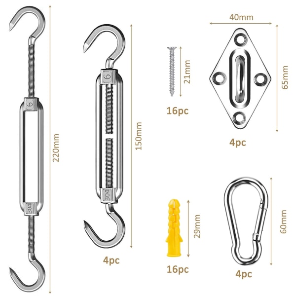 Festesett for skyggeseil, 44 stk festesett for seilfeste, 304 Stai