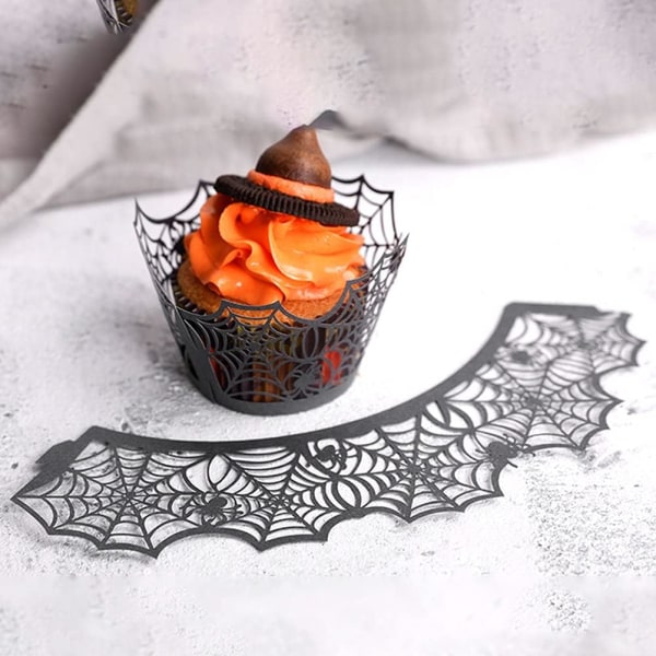 50 Halloween Cupcake-papirer, Edderkoppnett Laserkuttet Bakepapir