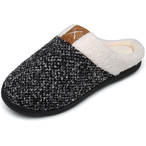 Mens Slippers Memory Foam （Black And White，9-10） Comfort  Fuzzy P