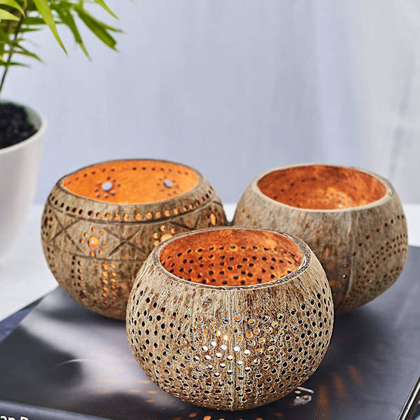 Coconut Shell Wood ljushållare (set med 3) med Coconut Sce DXGHC