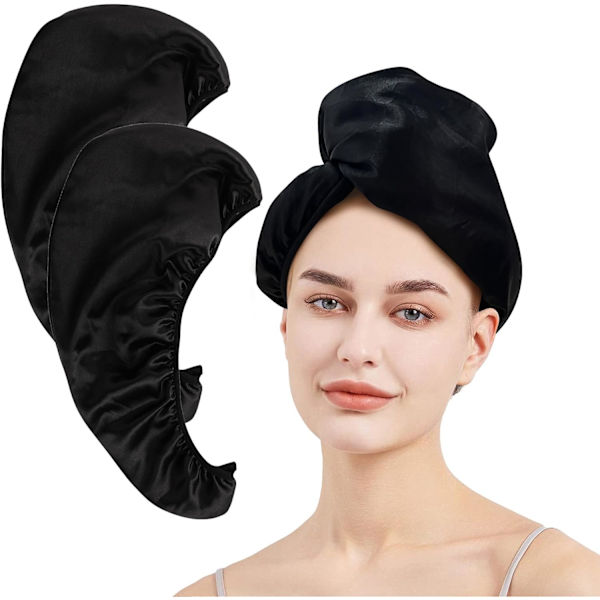 2-pack Satin Mikrofiber Hårhandduk, Hår Torkhandduk med Knapp och Elastiska Band, Superabsorberande Snabb Mikrofiber