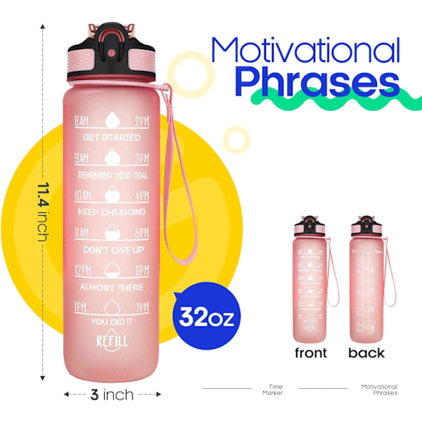 Pink, 32oz Lækagesikker BPA-fri Vandflaske med Tidsmarkering