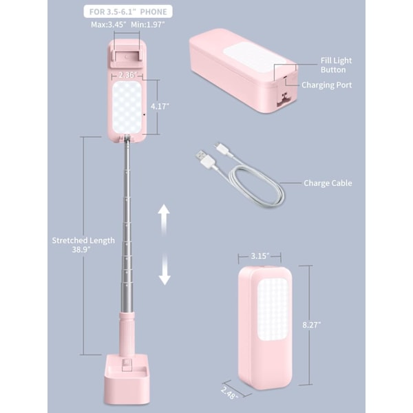 Udvidbar Selfie Stativ 360° Rotation med Telefonholder, Genopladelig