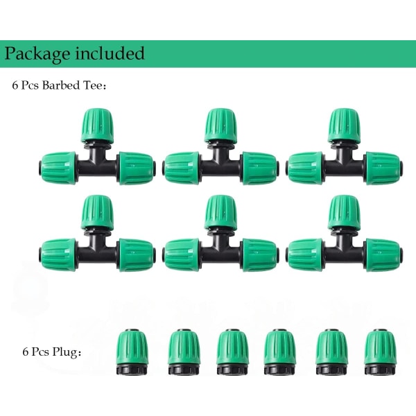 Sett med 12 hageslangekoblinger, 6 stk 3-veis 16 mm vanningsadaptere