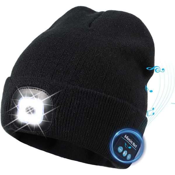 LED Bluetooth 5.0 Beanie, Innebygd Stereo Høytaler og Mikrofon, Wi