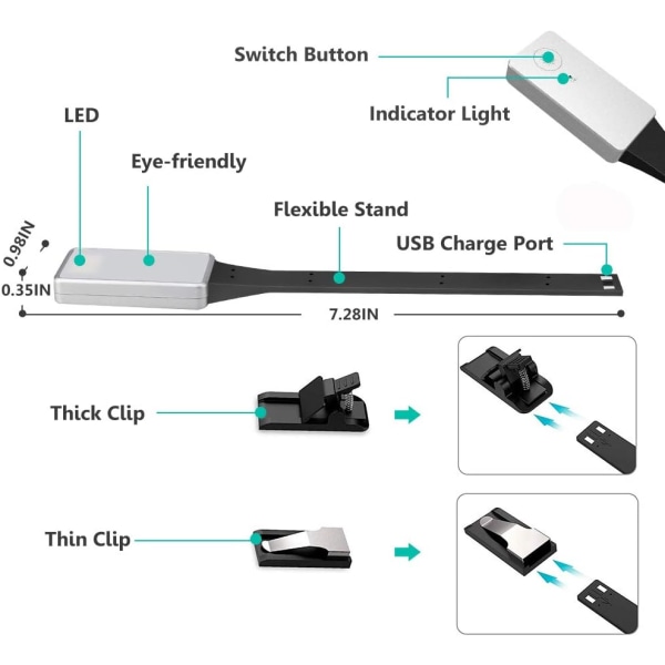 LED Leselys, Oppladbar Leselampe med Klips