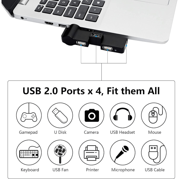 180° Rotations USB 2.0 Hub-utbyggnad, USB 4-portshub, Kan Rotera