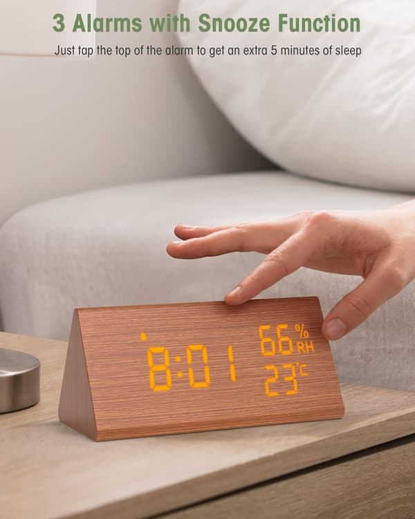 Trä Digital Väckarklocka, Digital Klocka med Snooze/Datum/Temperatur