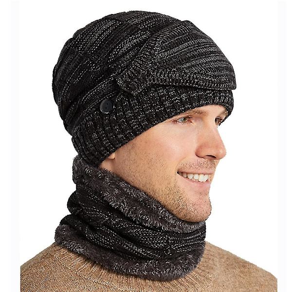 Män Stickad Fleece Mössa Halsduk Ansiktsöverdrag Set Vinter Varm