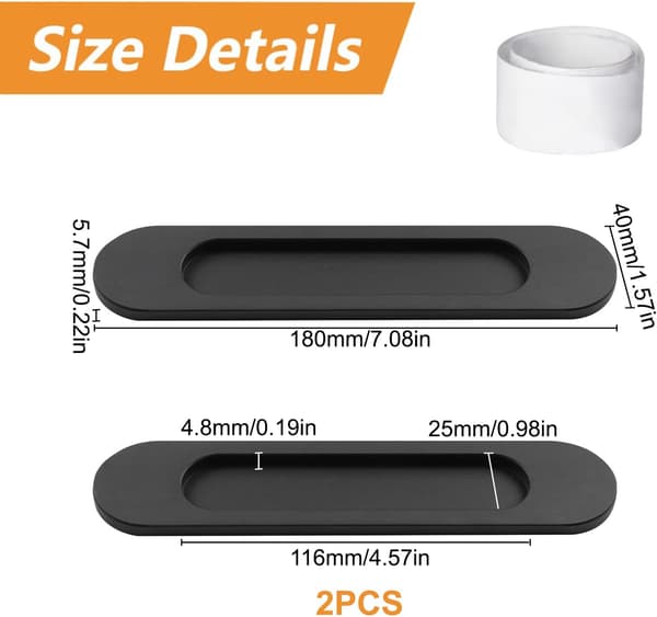 2 Pak Selvhæftende Oval Skydedørsgreb, Mat Sort Aluminium