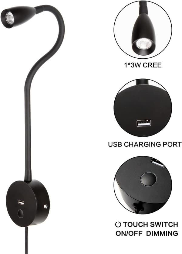 Varmt Hvit 3000K Veggleselamp med USB-Lading