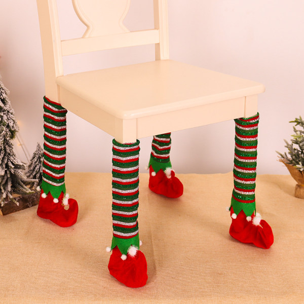 4 pcs Christmas chair cover striped elf table leg cover (red)