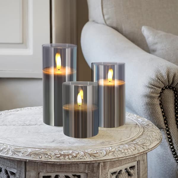 Grå glas flammefrie stearinlys sæt, 3 stk (D: 3 \"X H: 4\"/5 \"/6\"),
