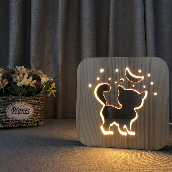 USB-drevet nattlys i tre med 3D-dyrepottemønster
